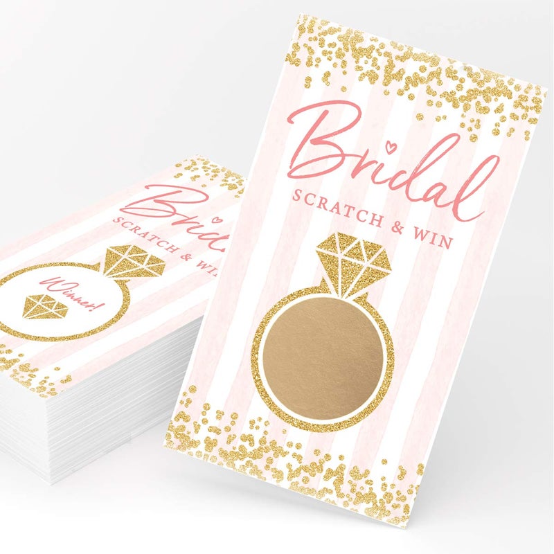 Printed Party Bridal Shower Games â€“ Scratch Off Raffle Cards, Fun Wedding Shower Game, Pink and Gold Design, 30 Cards & Stickers - Image 1